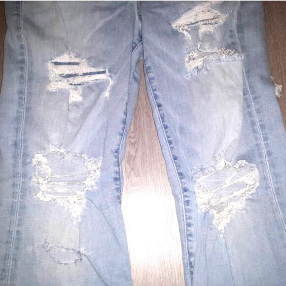 American Eagle Super Hi-Rise Flare Jeans Size 12 Distressed Denim Wide Leg - Picture 3 of 10